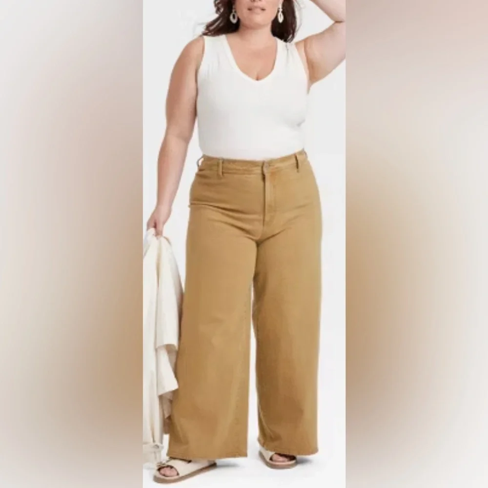 Wide leg corduroy pants. High rise ankle length. 98% cotton. Khaki/ tan 16 NWOT - Picture 2 of 16